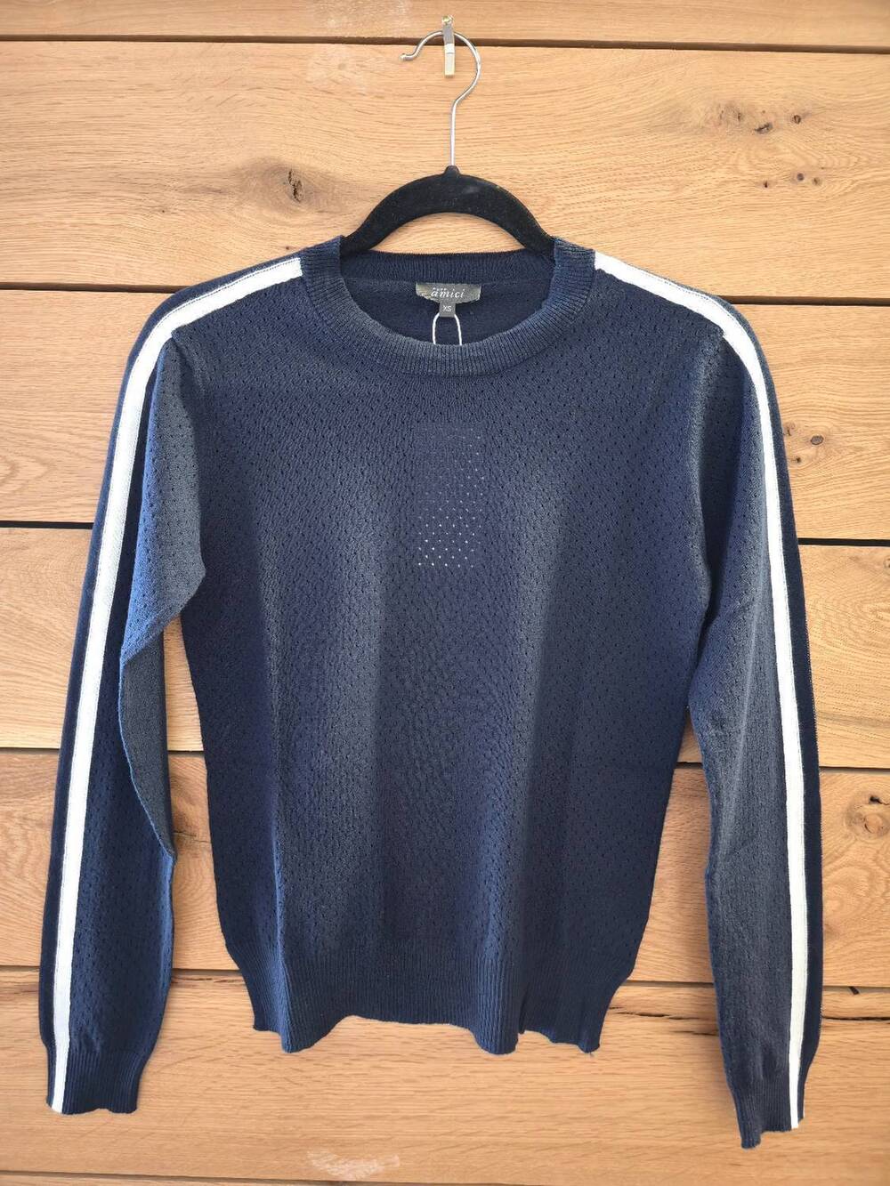 NEW PURE AMICI women's perforated crew sweater in navy